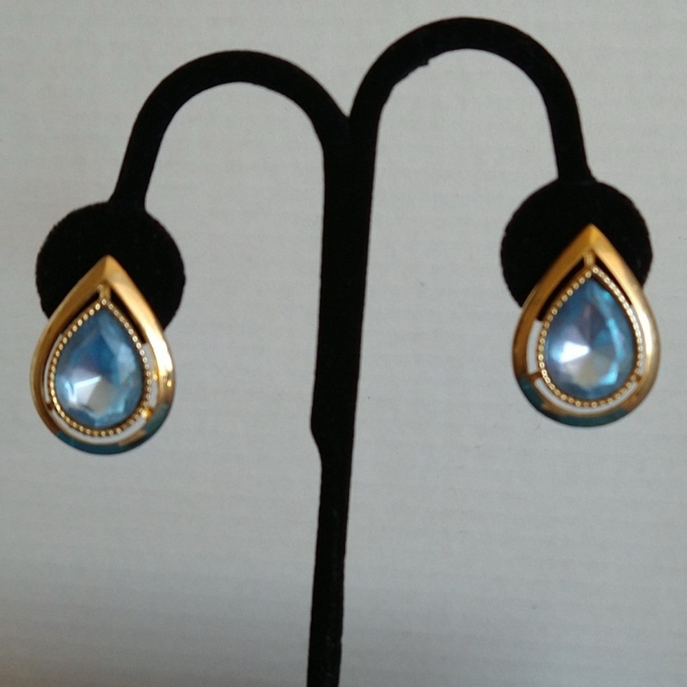 - Pierced vintage pierced earrings baby powder blue teardrop stone trimmed…